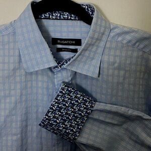 Bugatchi Men's Shirt M Blue Check Flip Cuffs Shaped Fit NO Size Tag Check Msmnts